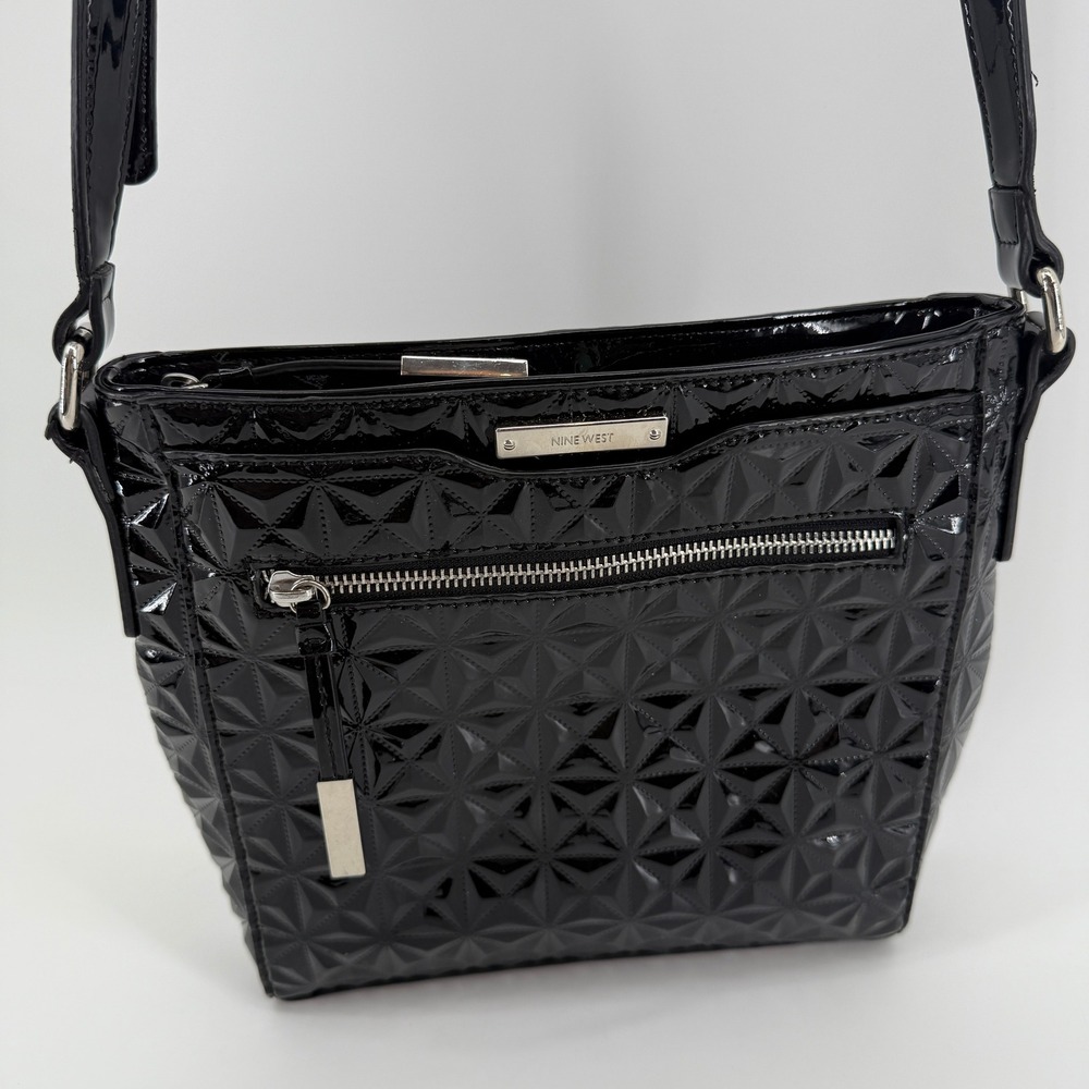 Nine West Black Patent Geometric Crossbody Bag Adjustable Strap Zip Pockets